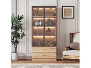 ModernLuxe Vitrine, badkamermeubel met LED - 2 lades en 2 glazen deuren - Natuurlijk
