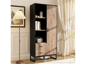 ModernLuxe Moderne vitrine voor de woonkamer 80x40x180 cm - zwarte structuur - met 1 deur - 2 lades - 3 open vakken - zwart + natuur
