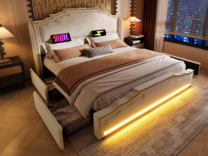 ModernLuxe Gestoffeerd tweepersoonsbed 180x200 cm – met 4 lades – met LED-verlichting en oplaadpoorten – Beige