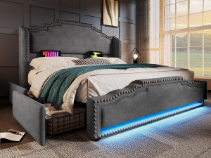 ModernLuxe Gestoffeerd tweepersoonsbed 160x200 cm – met 4 lades – met LED-verlichting en oplaadpoorten – Grijs