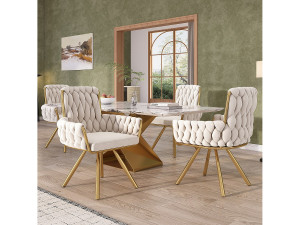 Merax Set van 4 fluwelen draaistoelen - 87 x 50 x 55 cm - Fauteuil met vier metalen poten - Beige