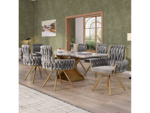 Merax Set van 6 fluwelen draaistoelen - 87 x 50 x 55 cm - Fauteuil met vier metalen poten - Grijs