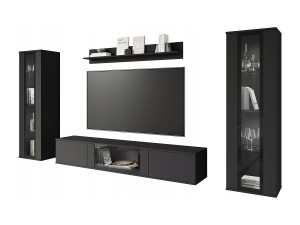 Moderne woonwand voor de woonkamer – mat, 2 vitrinekasten en tv-meubel 180 cm zwart mat