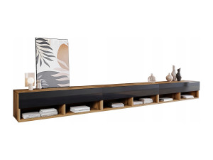 Moderne tv-kast 300 cm – greeploos, corpus eik Wotan, fronten zwart hoogglans, staand of hangend