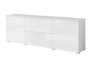 Moderne lowboard TV-meubel 180 cm – hoge TV-kast met lades en planken, romp wit mat, fronten hoogglans wit