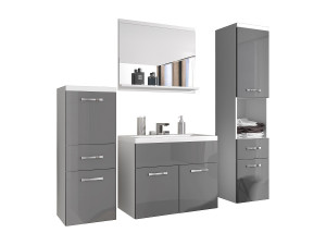 Moderne badmeubels, hangende set met wastafel, spiegel en kolomkasten, corpus wit mat / fronten grijs hoogglans