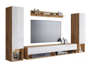 Moderne woonwand – hangende set voor woonkamer met 2 kolommen + TV-meubel 180 cm + plank, corpus wotan eiken mat, fronten wit hoogglans