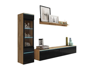 Moderne woonkamer meubelset 3-delig – TV-meubel 180 cm, vitrinekast en plank, corpus eiken Wotan mat, fronten zwart hoogglans, staand of hangend