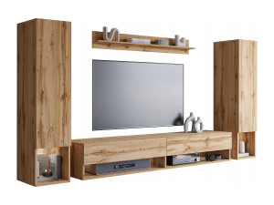 Moderne woonwand – hangende set voor woonkamer met 2 kolommen + TV-meubel 180 cm + plank, wotan eiken mat