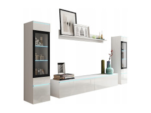 Moderne woonkamer meubelset 4-delig, TV-meubel 180 cm, 2 vitrinekasten en plank, corpus wit mat, fronten wit hoogglans, staand of hangend