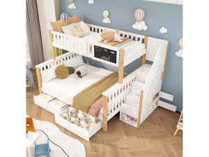 Merax Multifunctioneel kinderstapelbed - 90 x 200 cm + 140 x 200 cm - met bord en lades - Massief hout - zonder matras - wit