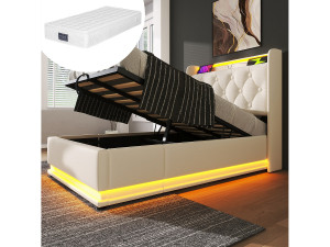 Merax Kinderbed met opbergruimte - 90 x 200 cm - Matras + Leds + Hoofdbord met USB - PU-leer - Wit