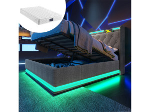 Merax Gestoffeerd tweepersoonsbed met opbergruimte - 160 x 200 cm - Matras + Leds + Hoofdbord met USB - Linnen stof - Grijs