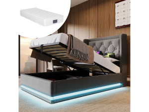 Merax Kinderbed met opbergruimte en kussens - 90 x 200 cm - Matras + Leds + Hoofdbord met USB - Katoenen stof - Grijs
