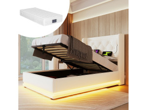 Merax Kinderbed met opbergruimte - 90 x 200 cm - Matras + Leds + Hoofdbord met USB - PU-leer - Wit