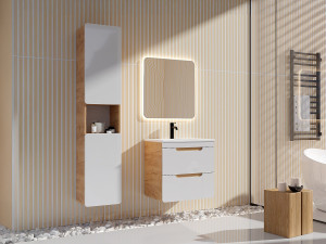 Unique Mueble de baño suspendido con lavabo encastrado y armario - Color natural y blanco - 60 cm - ARUBA