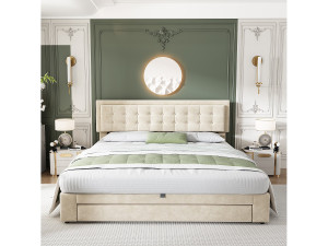 Hauss Spole Design tweepersoonsbed met opbergruimte 160x200 cm – Zachte beige fluwelen bekleding (matras niet inbegrepen)