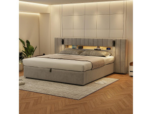 Hauss Spole Tweepersoonsbed 180x200 met opbergruimte, USB, LED-verlichting, nachtlampje, grijs fluweel, zonder matras