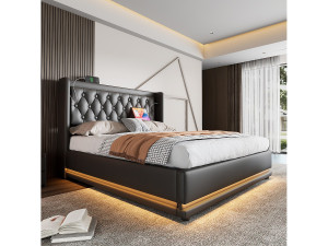Hauss Spole Tweepersoonsbed met opbergruimte 160x200 cm in zwart PU, hoofdbord met USB Type-C opladen en LED-verlichting aan 3 zijden (zonder matras)