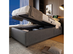 Hauss Spole Eenpersoonsbed met opbergruimte 90x200 cm - USB-C opladen & lattenbodem - Grijze katoenen stof (zonder hoofdbord en matras)