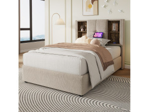 Hauss Spole Opbergbed enkel 90x200 cm met draadloos USB-C opladen, houten lattenbodem en natuurlijk linnen (zonder matras)