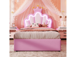 Hauss Spole Prinsessenbed 90x200 cm met 2 lades, sfeerverlichting, verstelbaar hoofdbord, roze PU (zonder matras)