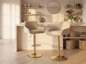 Vente-unique Set van 2 barkrukken van fluweel en goudkleurig metaal - In hoogte verstelbaar - Beige - TAVOA