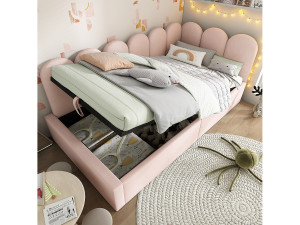 Merax Kinderbed met opbergruimte en bekleding - 90 x 190 cm - Fluweel + Metaal + Multiplex - Roze