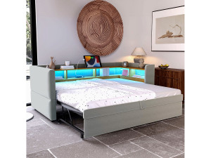 Merax Slaapbank met uitschuifbare bank - 2 x 90 x 190 cm - Opbergruimte + LED's + oplaadpunten - Massief hout - Lichtgrijs