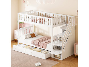 Merax Stapelbed - 90 x 200 cm + 90 x 190 cm - 2 lades - 4 opbergruimtes in de trap - Massief hout - Wit