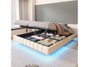 Merax Gestoffeerd tweepersoonsbed met opbergruimte - 180 x 200 cm - zonder hoofdbord + LED's - Linnen stof - Beige