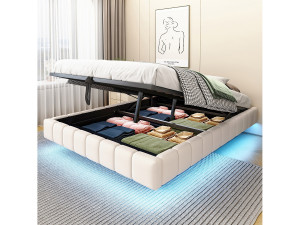 Merax Gestoffeerd tweepersoonsbed met opbergruimte - 140 x 200 cm - zonder hoofdbord + LED's - Linnen stof - Beige