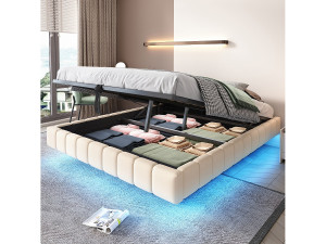 Merax Gestoffeerd tweepersoonsbed met opbergruimte - 160 x 200 cm - zonder hoofdbord + LED's - Linnen stof - Beige