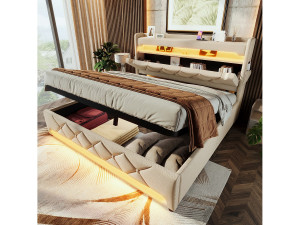 Merax Gestoffeerd tweepersoonsbed met opbergruimte - 160 x 200 cm - 360° LED's + Hoofdbord met USB en Type C - linnen stof - beige