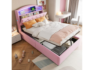 Merax Kinderbed met opbergruimte en vulling - 90 x 200 cm - LED's + Hoofdbord met USB - Fluweel - Roze