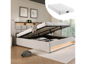 Merax Gestoffeerd opbergbed voor jongeren - 160 x 200 cm - Matras + LED's + Hoofdbord met USB - Linnen stof - Beige
