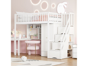 Merax Kinderbed mezzanine met kledingkast - 90 x 200 - met bureau - 4 opbergruimtes in de trap - Massief hout - Wit