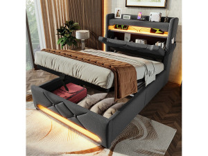 ModernLuxe Gestoffeerd opbergbed 90x200 cm - met LED en USB-oplaadpoorten - Linnenstof - Hoofdeinde met opbergruimte - Grijs