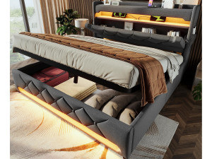 ModernLuxe Gestoffeerd opbergbed 180x200 cm - met LED en USB-oplaadpoorten - Linnenstof - Hoofdeinde met opbergruimte - Grijs