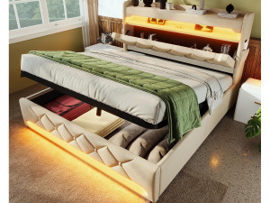 ModernLuxe Gestoffeerd opbergbed 180x200 cm - met LED en USB-oplaadpoorten - Linnenstof - Hoofdeinde met opbergruimte - Beige