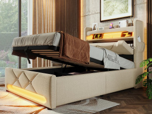ModernLuxe Gestoffeerd opbergbed 90x200 cm - met LED en USB-oplaadpoorten - Linnenstof - Hoofdeinde met opbergruimte - Beige