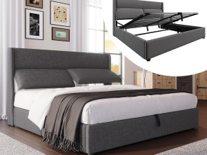 ModernLuxe Gestoeld opbergbed 180x200 cm - met verstelbare hoofdbord - lattenbodem - linnen - grijs (matras niet inbegrepen)