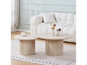 Set van 2 ronde salontafels ESME - Travertijnlook beige