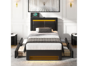 Hauss Spole Eenpersoonsbed 90x200 cm met 4 lades, LED-verlichting en USB-poort - in zwart PU (zonder matras)