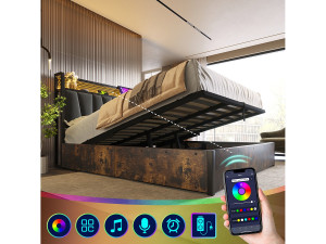 Hauss Spole Tweepersoons opbergbed 180x200 cm met LED en USB - houten lattenbodem - grijze linnen stof (zonder matras)