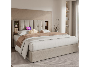 Hauss Spole Tweepersoons opbergbed 140x200 cm met draadloze USB-C - Houten lattenbodem - Natuurlijk linnen (zonder matras)