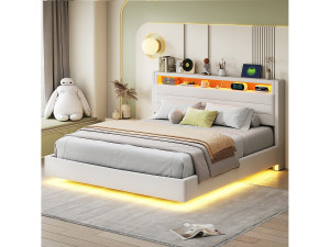 Hauss Spole Tweepersoons opbergbed 160x200 cm in beige linnen met USB, LED en omkeerbare hoofdbord (zonder matras)