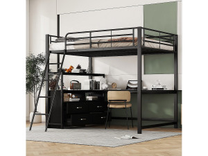 Hauss Spole Hoogslaper 140x200 cm met ijzeren frame, lades en L-vormig bureau – Zwart (zonder matras)