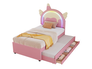Hauss Spole Kinderbed 90x200 cm in de vorm van een eenhoorn, uitschuifbed met verrijdbaar logeerbed – Roze PU-materiaal (zonder matras)