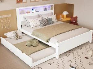 ModernLuxe Cama casal 120x200 cm - Com cama gaveta 90x190 cm - Com LED + tomada USB - Cabeceira com armazenamento - Branco